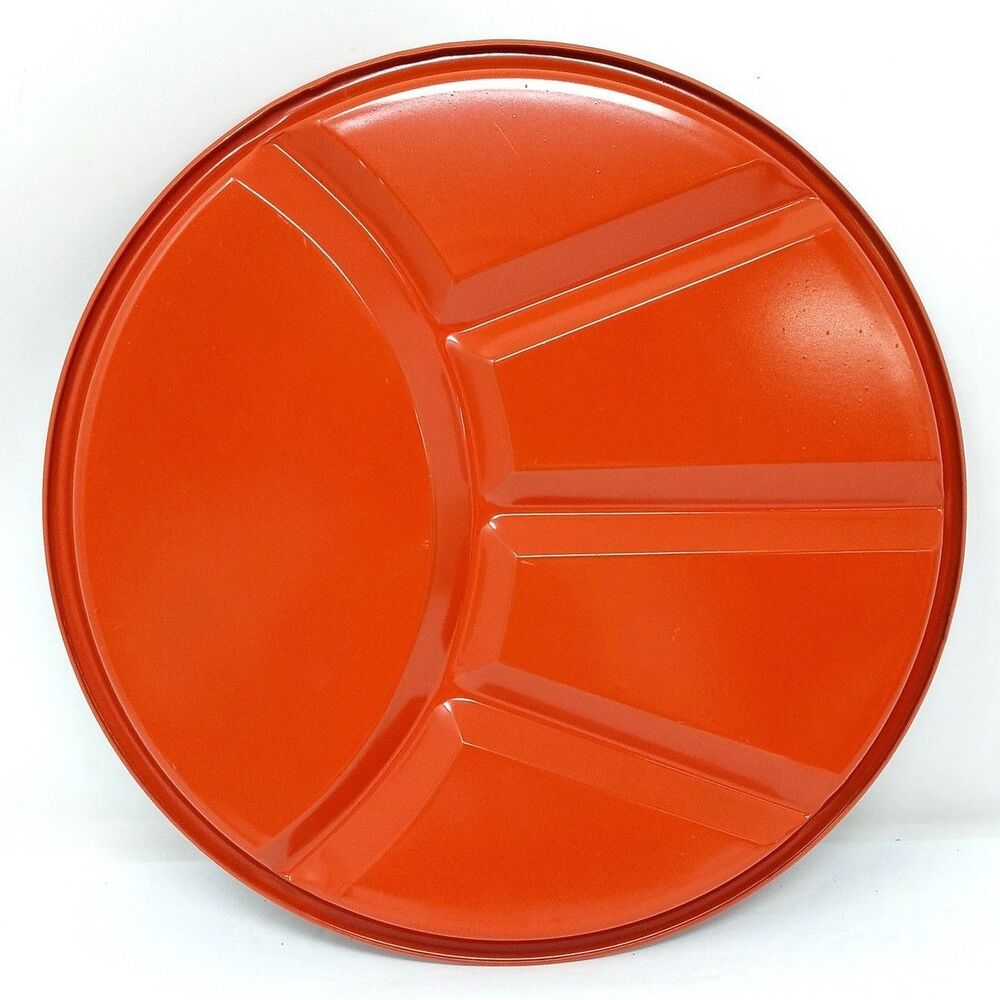 NEW Vintage 70s Nevco MCM Fondue Plates Divided Enamel 9.25" Orange & Green Set - Picture 4 of 9